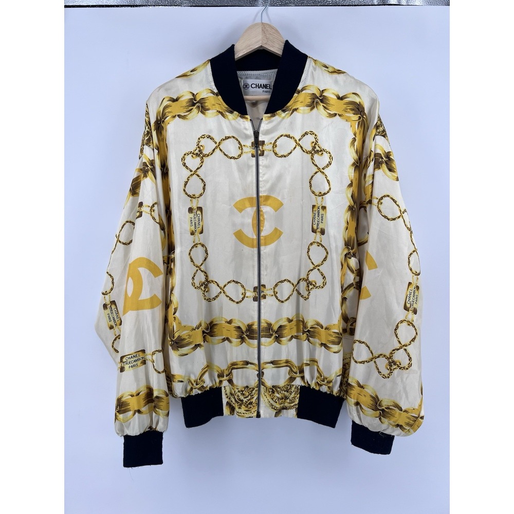Vintage Chanel Silk Bomber Jacket Size M/L 80's Gold Chains Pattern